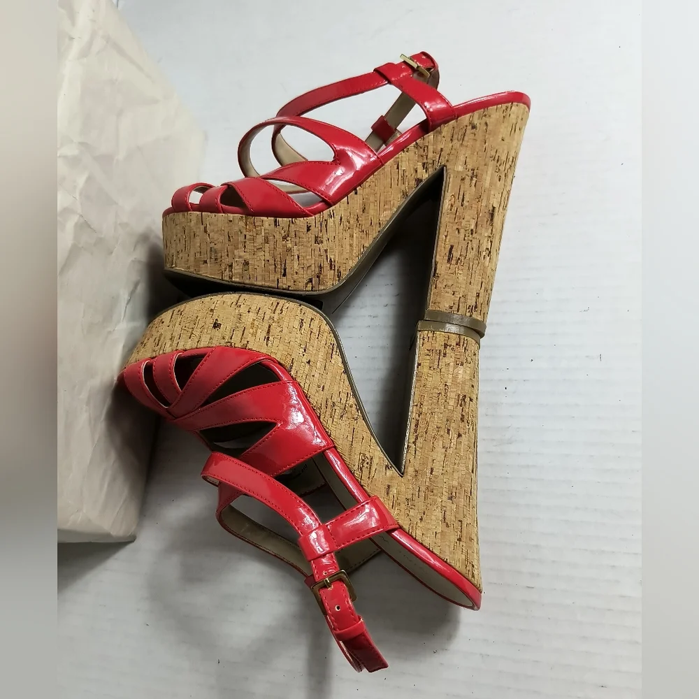 Nine West AG 6M Red Cork Platform Sandals Casual